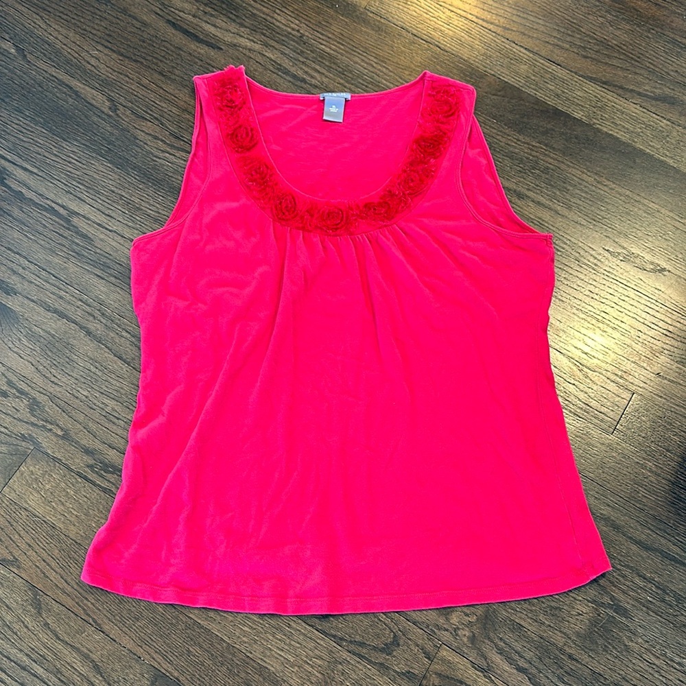 Ann Taylor Pink Tank Floral Appliqué Shell XL flowers EUC Cotton